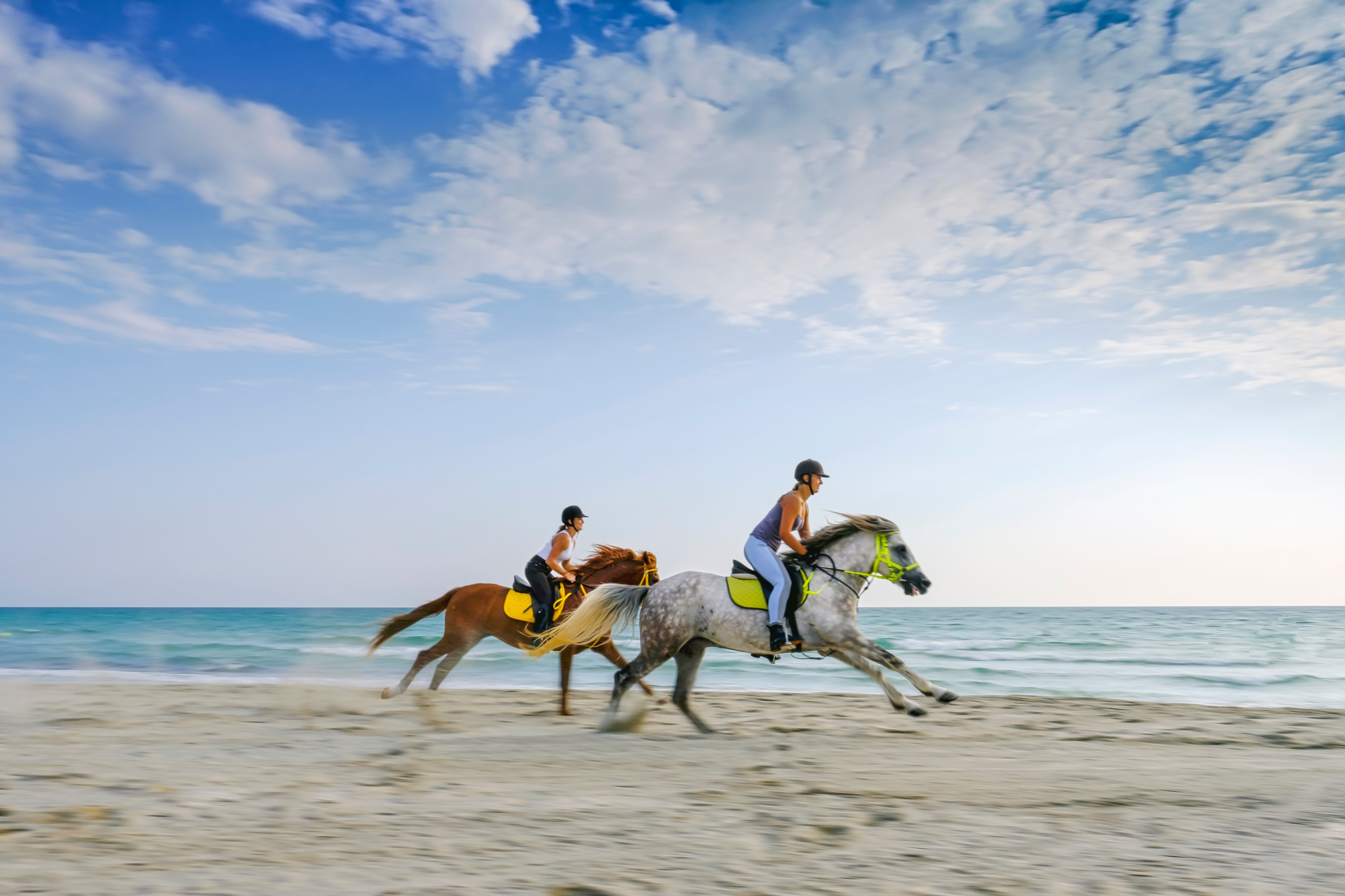 Zwei Personen reiten am Strand auf Pferden entlang, bei Sonnenaufgang oder Sonnenuntergang