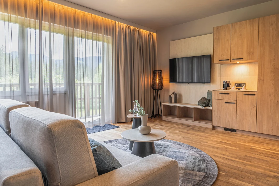 Moderner, gemütlicher Hotelzimmerbereich mit Sofa, TV und Blick auf Natur, barrierefrei