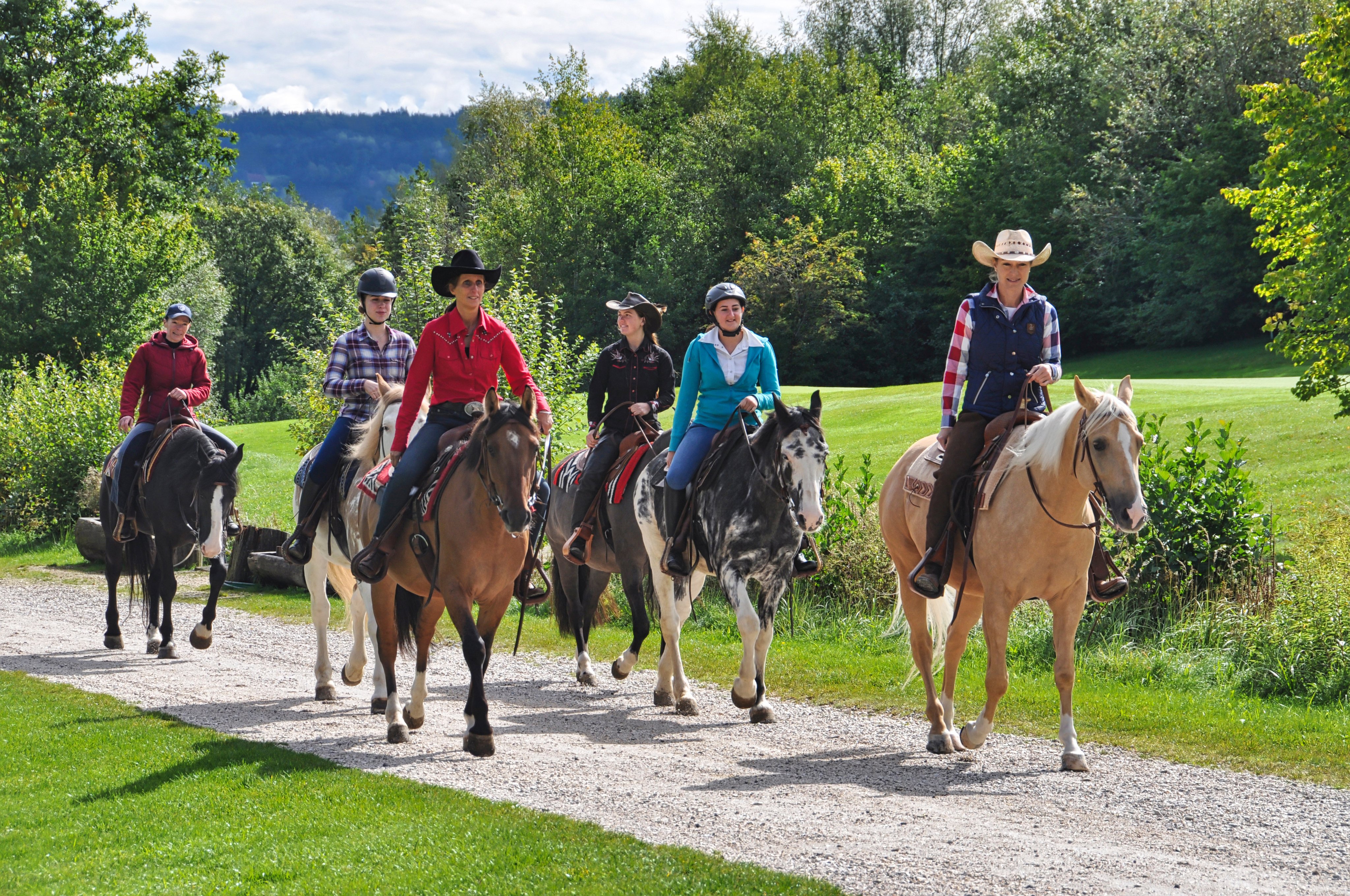 Gruppe von Personen beim Reiten auf einem Reitweg in einer grünen Landschaft