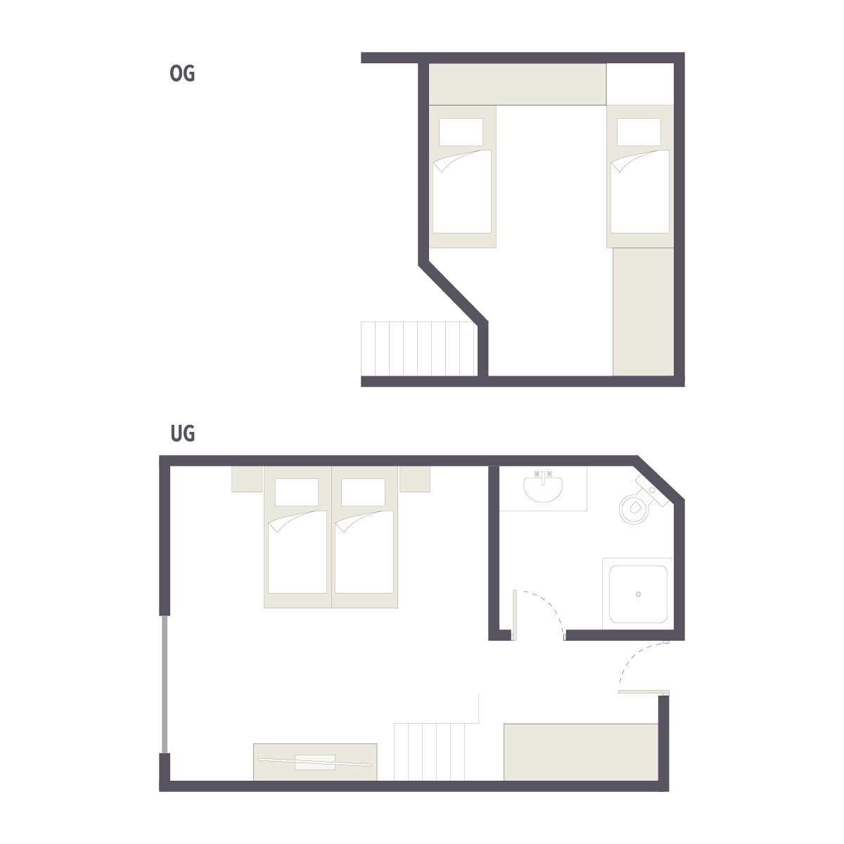 Grundriss eines zweistöckigen Premium Cluburlaubs bei Aldiana mit Schlafzimmern und Badezimmern