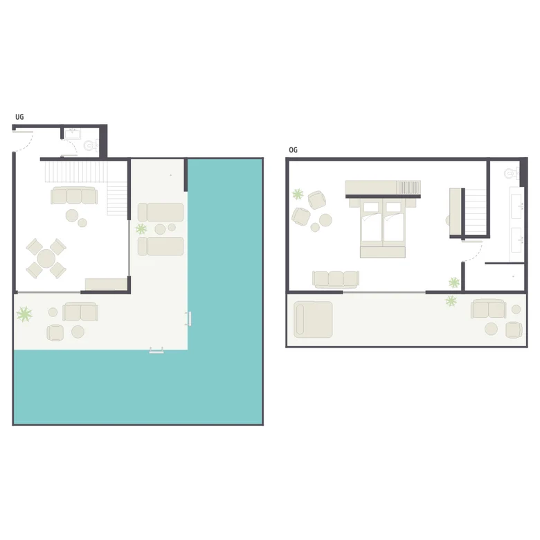 Grundriss eines Premium Cluburlaubs bei Aldiana mit Innen- und Außenbereichen