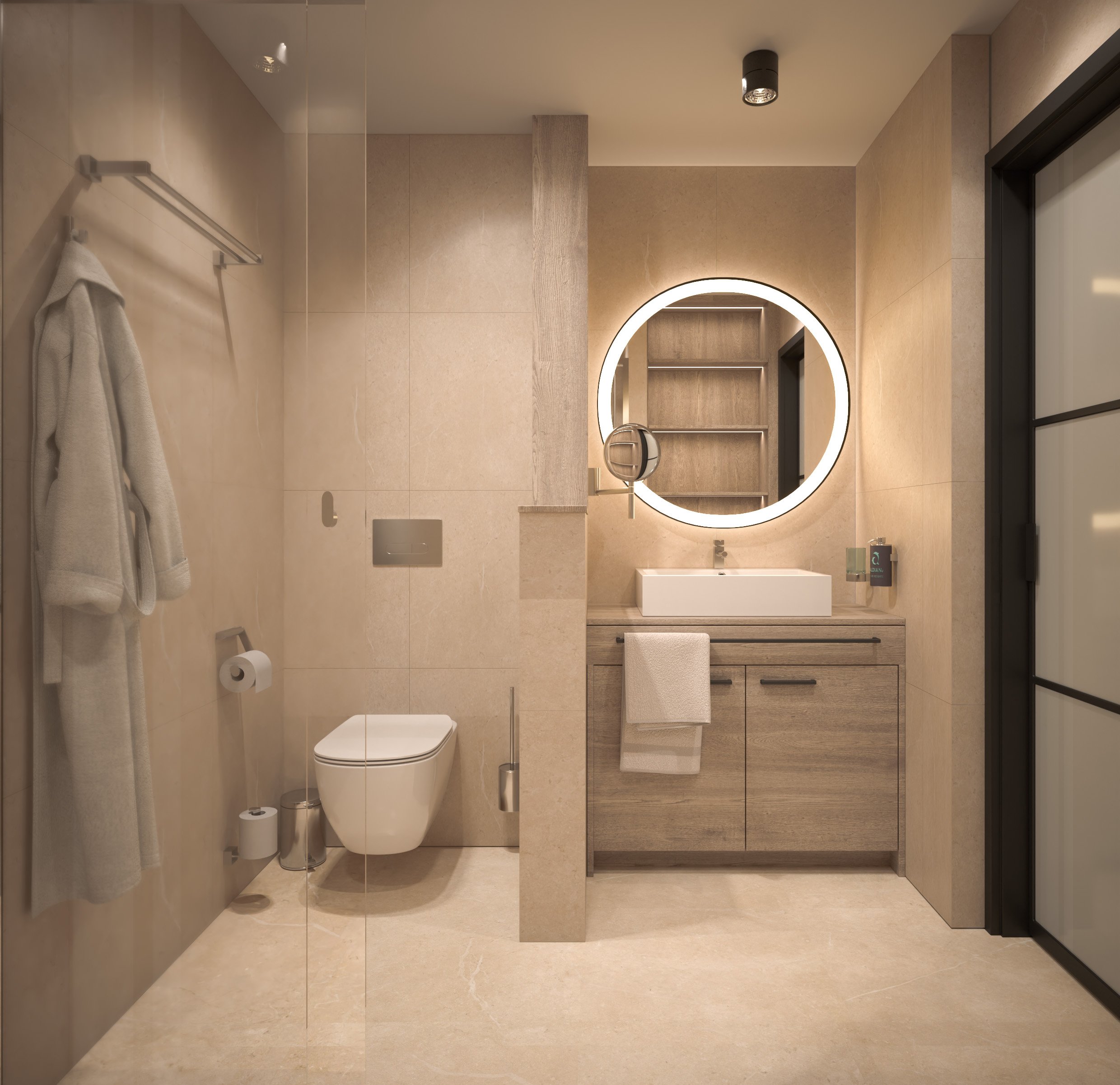 Das neue Badezimmer. Barrierefrei und in warmen Farbtönen.