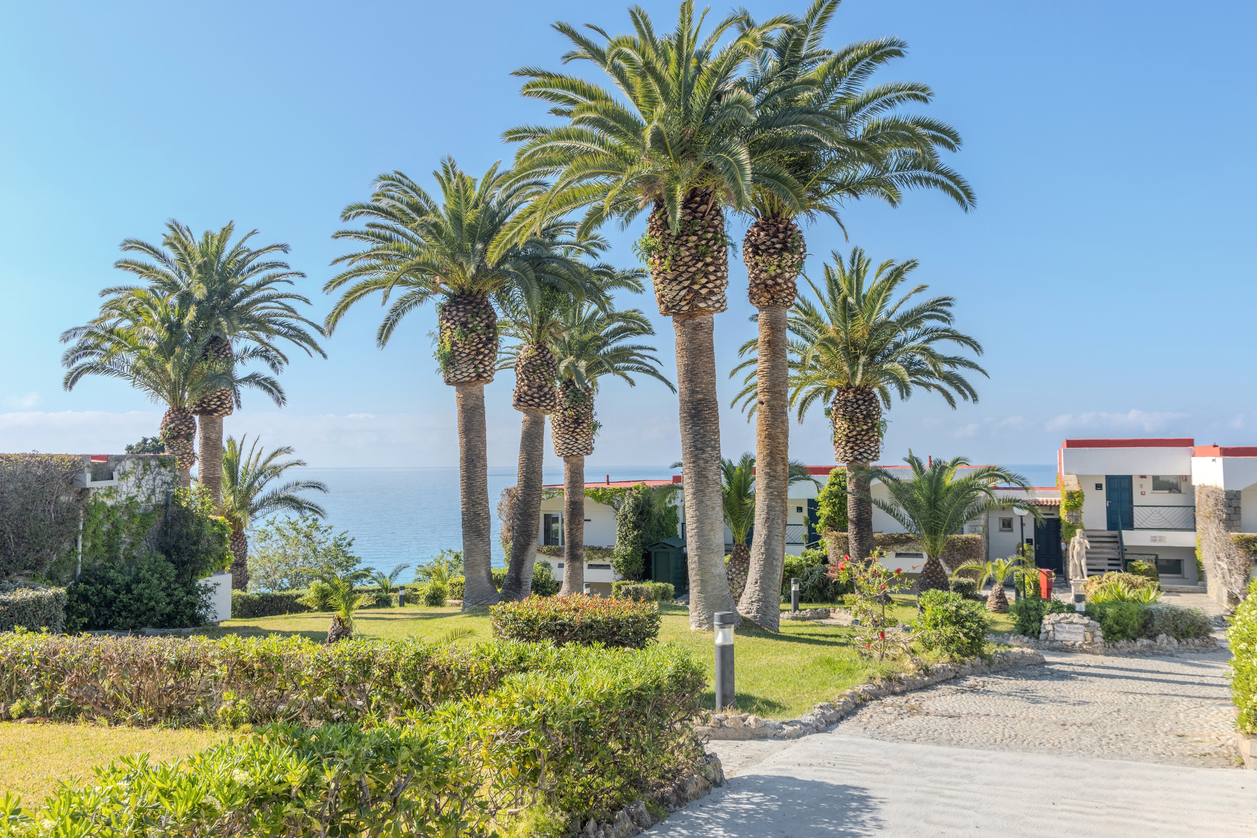 Blaue Meeresküste mit Palmen und Luxusresidenzen bei Aldiana Premium Cluburlaub