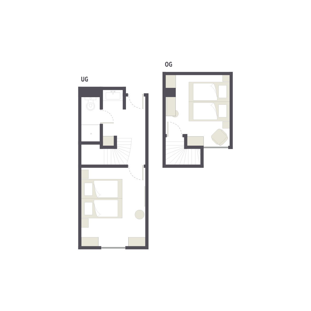 Grundriss eines Doppelhaushälften mit Schlafzimmern und Obergeschoss, für Premium Cluburlaub bei Aldiana