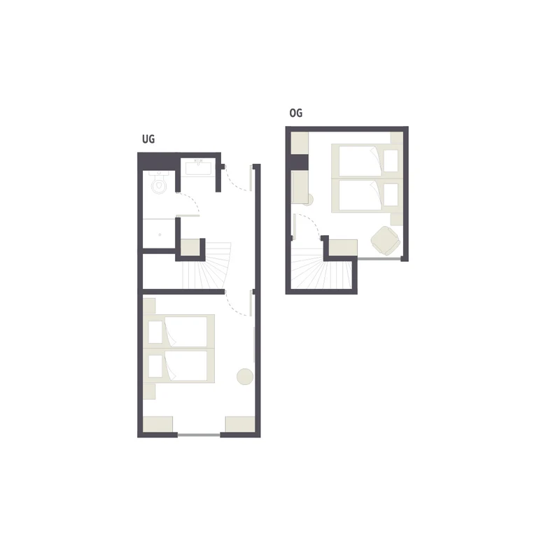 Grundriss eines Doppelhaushälften mit Schlafzimmern und Obergeschoss, für Premium Cluburlaub bei Aldiana