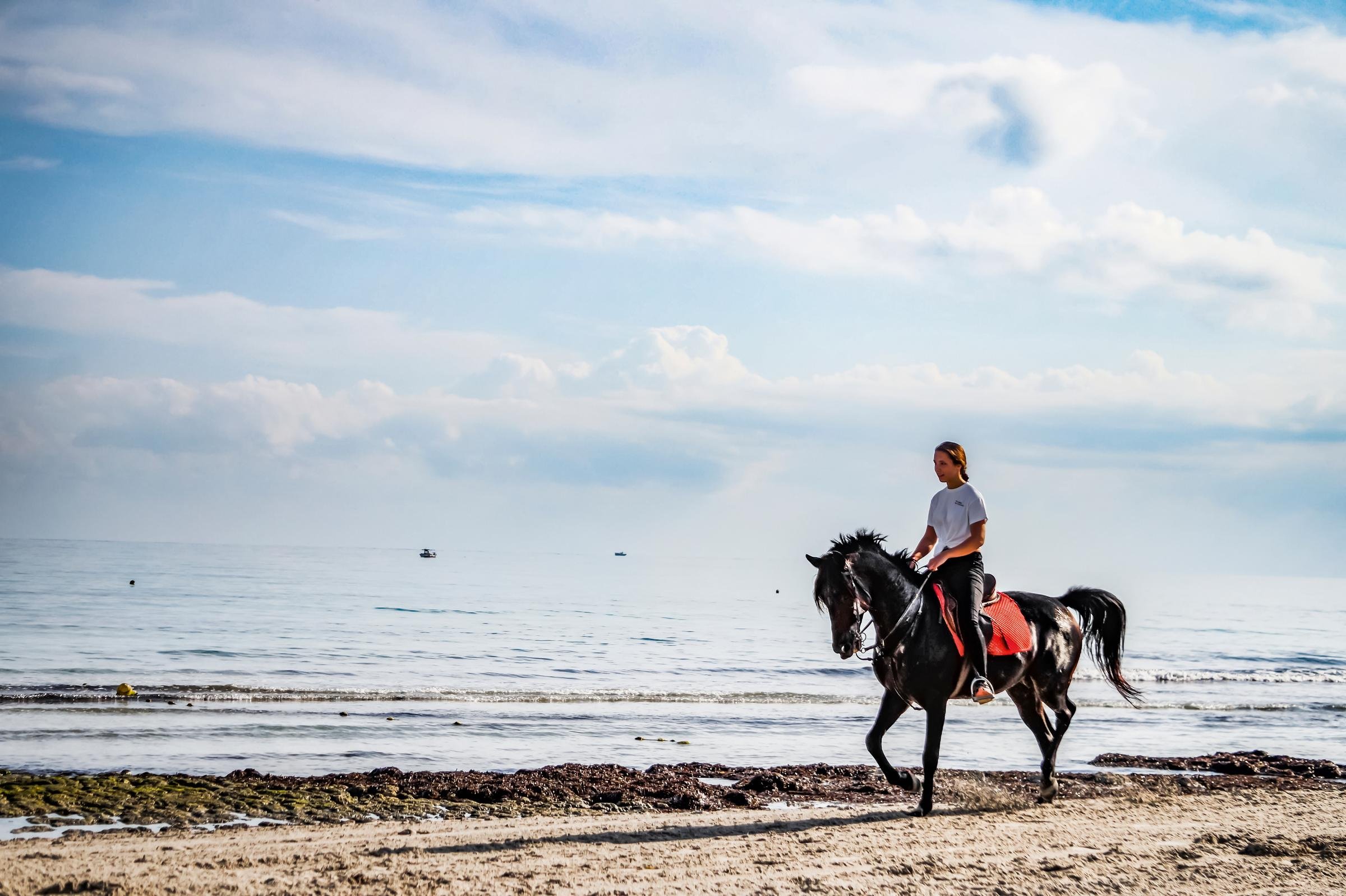 Ein Mädchen reitet mit einem schwarzen Pferd am Strand bei Sonnenlicht und blauem Himmel.