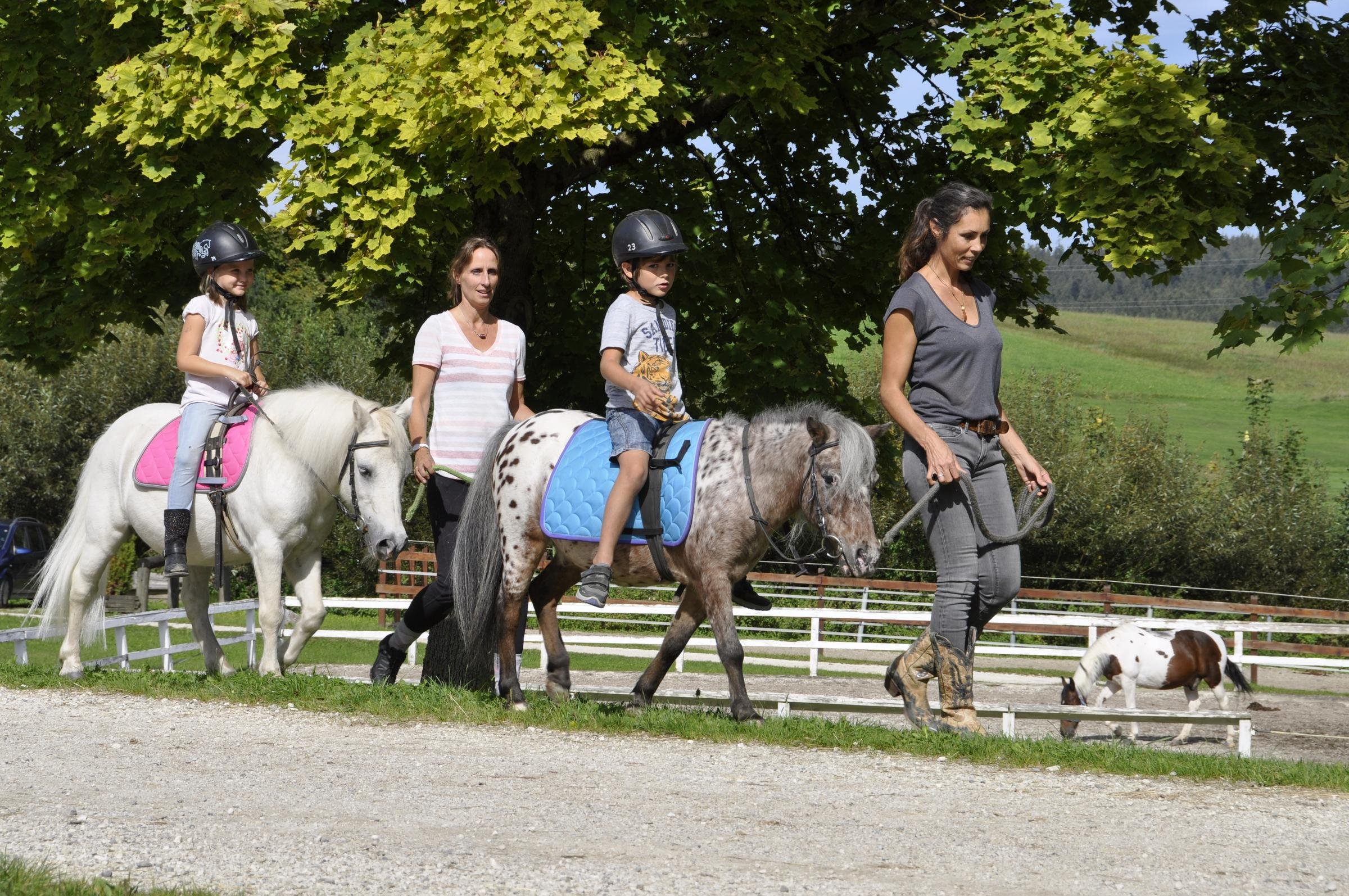Menschen beim Reiten auf dem Rücken von kleinen Pferden im Grünen, begleitet von einer Frau