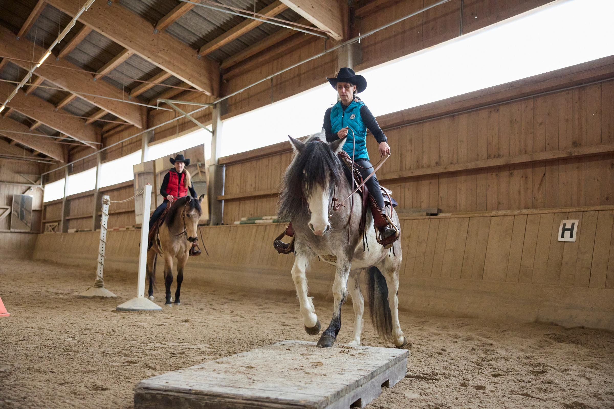 Junge Reiterin auf Pferd im Indoorsattelrevier bei Aldiana, hochwertiger Cluburlaub.