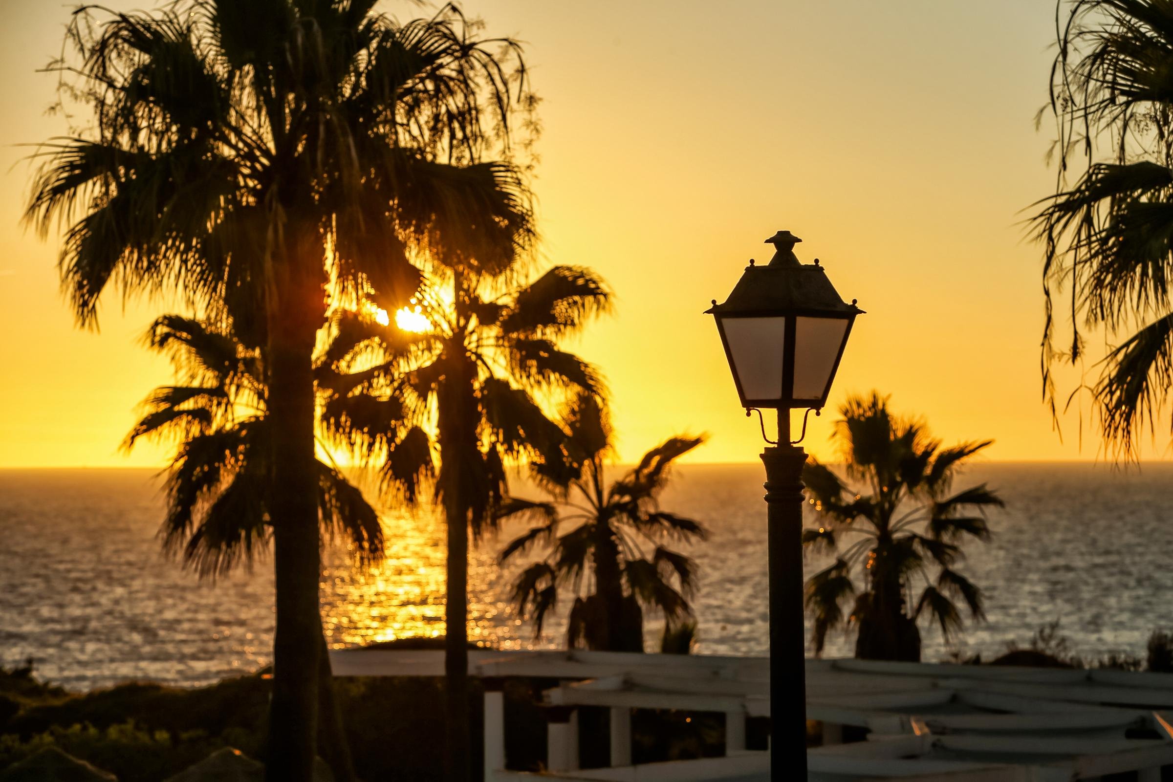 Sonnenuntergang am Strand bei Aldiana Premium Cluburlaub mit Palmen und Laterne