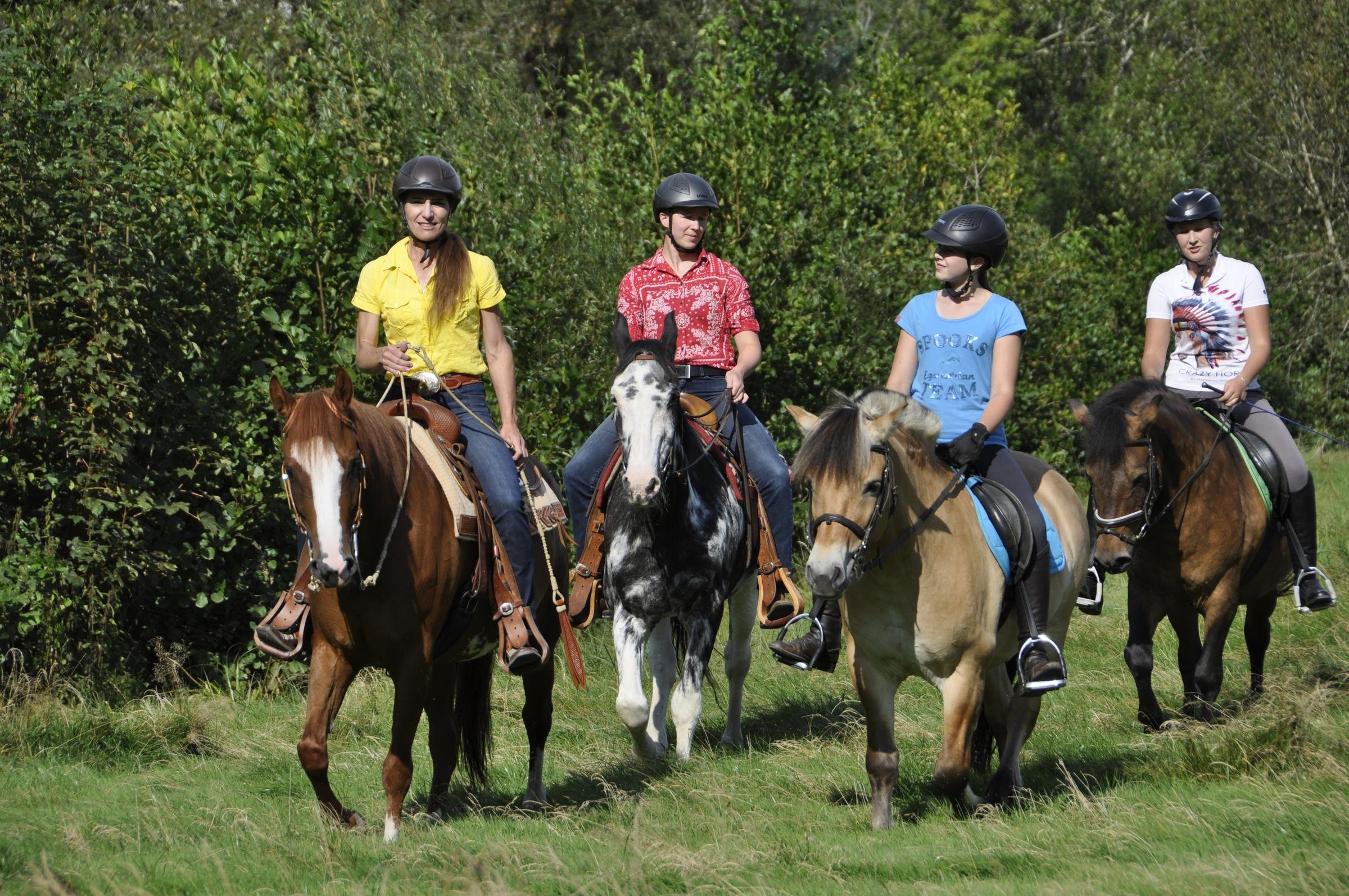 Vier Kinder reiten auf Pferden in einem grünen Park bei Aldiana Cluburlaub