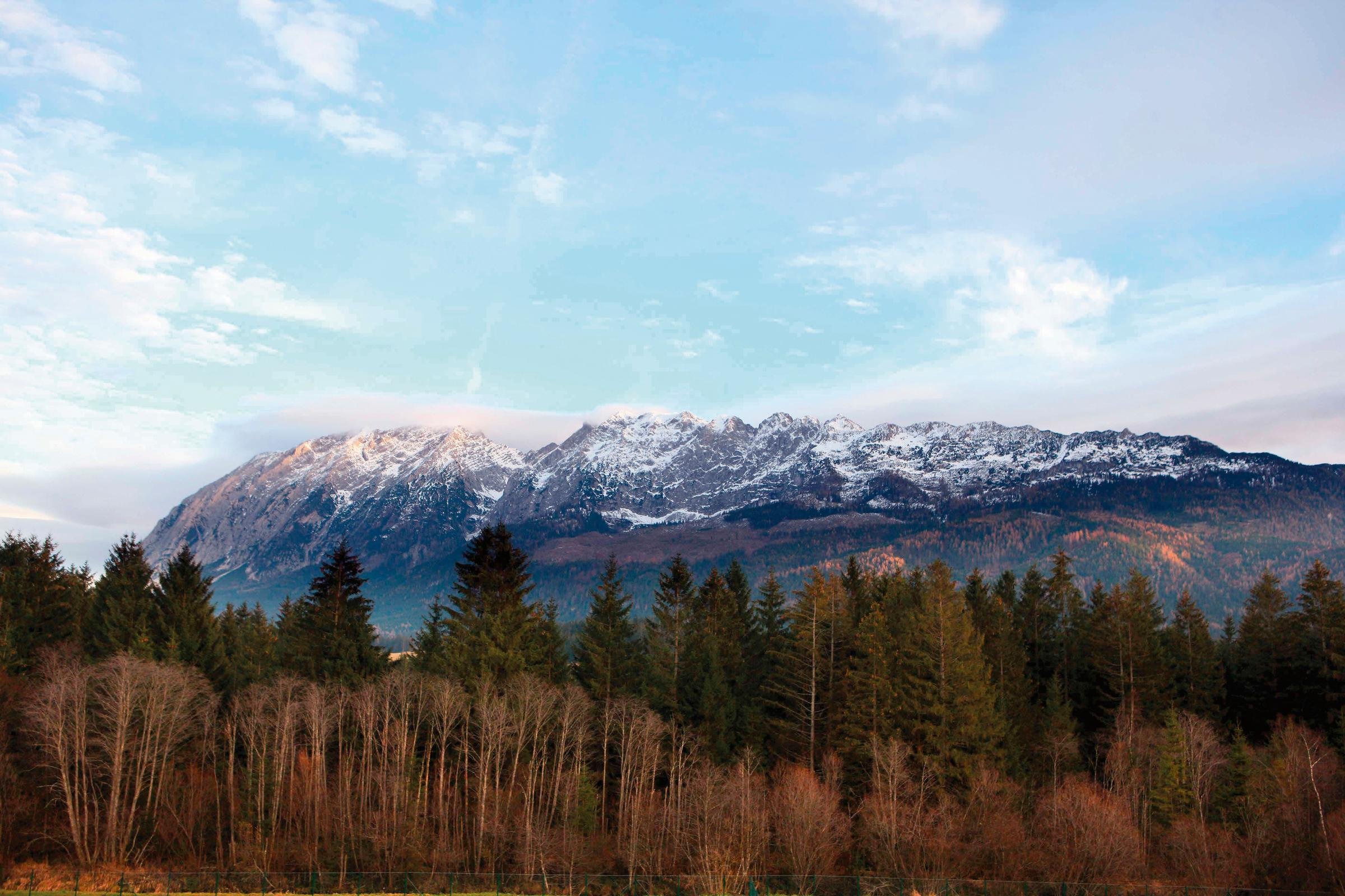 Berglandschaft mit schneebedeckten Gipfeln und bewaldeten Hügeln im Premium Cluburlaub