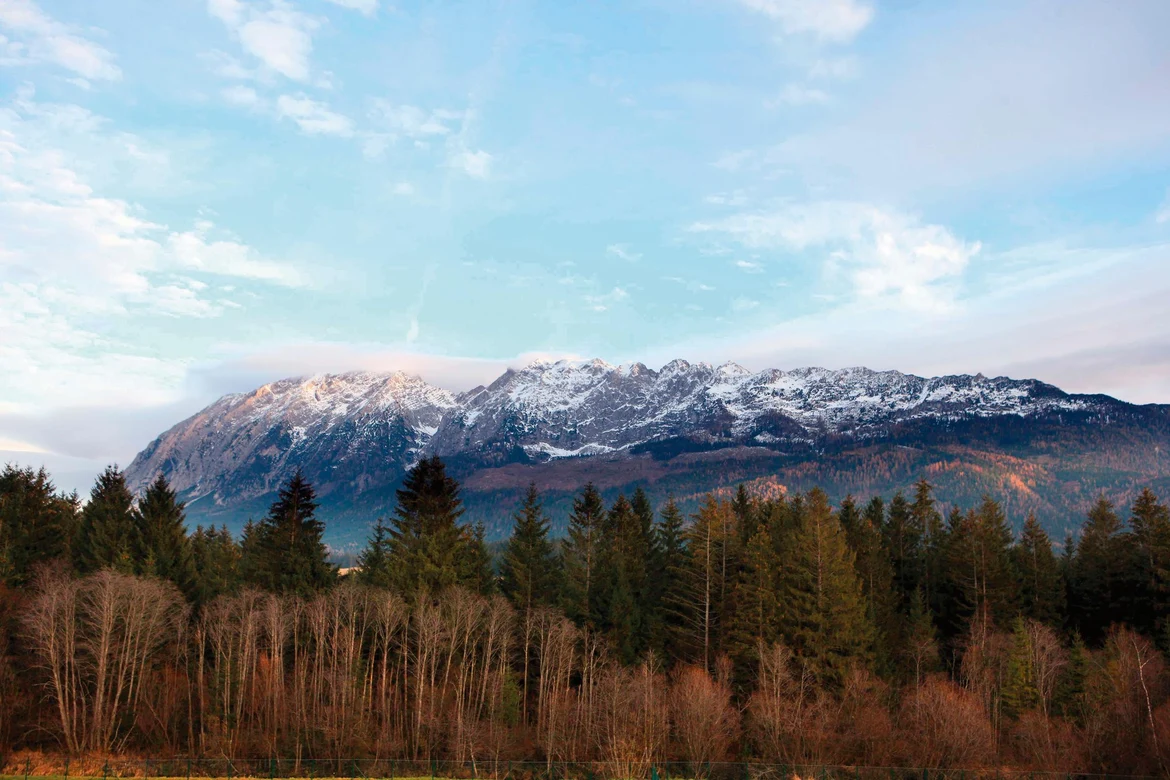 Berglandschaft mit schneebedeckten Gipfeln und bewaldeten Hügeln im Premium Cluburlaub