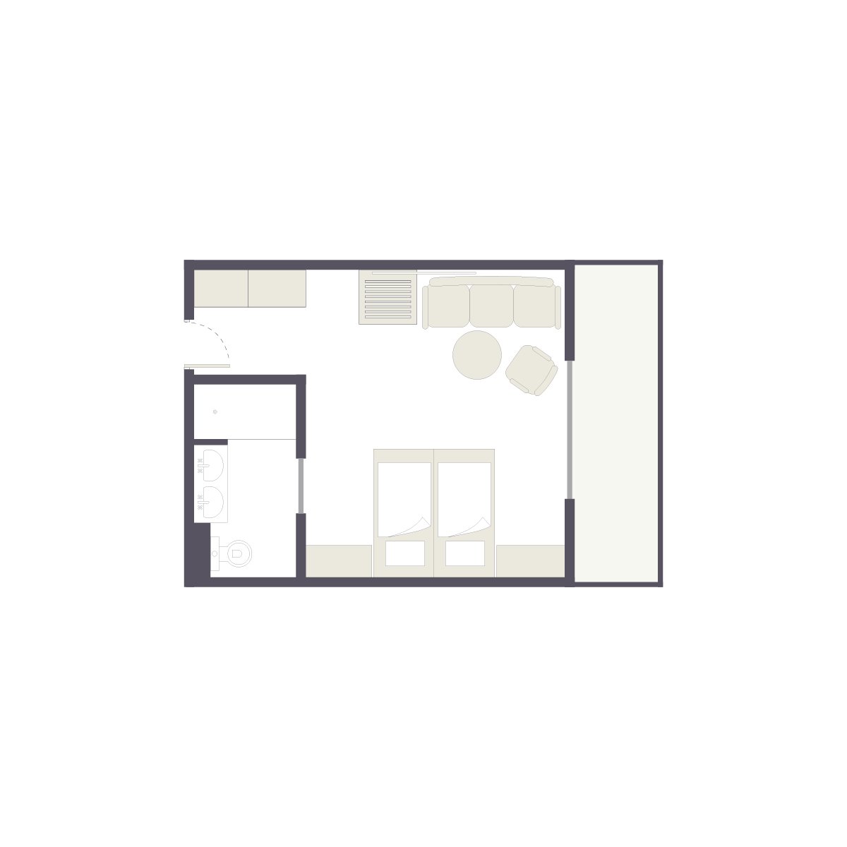 Moderne Ferienwohnung bei Aldiana mit Wohnzimmer, Schlafzimmer, Bad und Balkon.