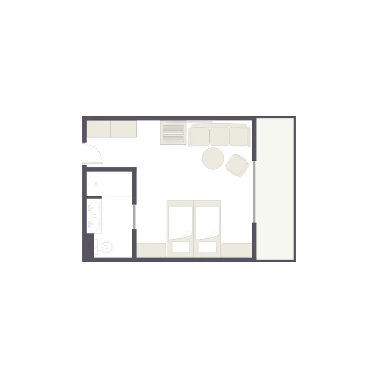 Moderne Ferienwohnung bei Aldiana mit Wohnzimmer, Schlafzimmer, Bad und Balkon.