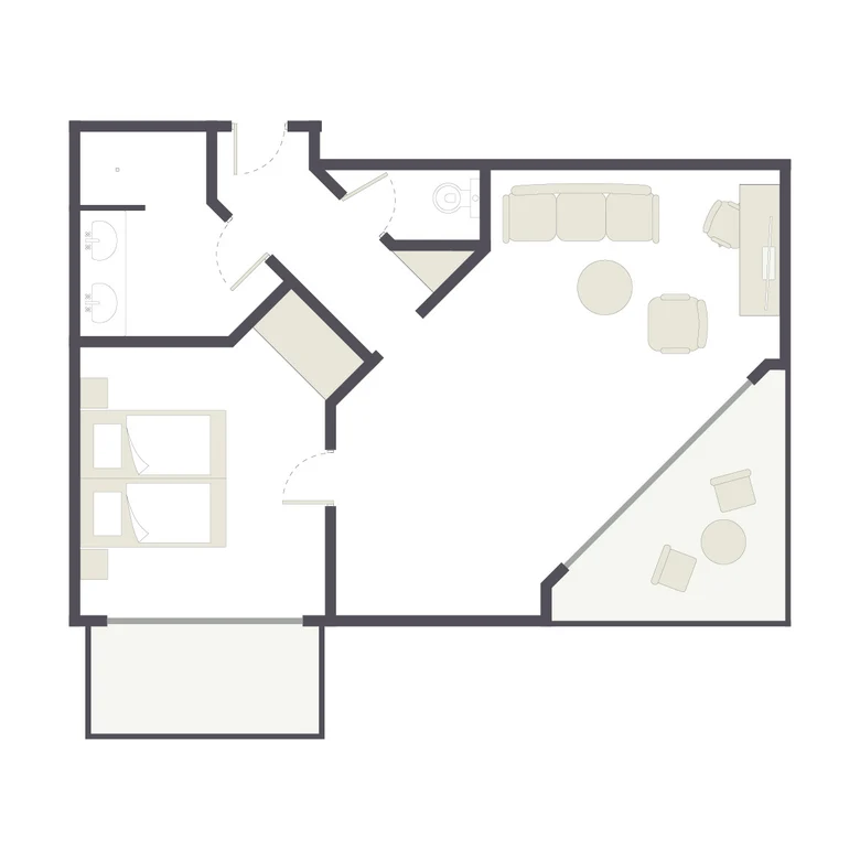 Ein modernes Aldiana Clubzimmer mit separatem Schlafzimmer, Bad und offener Lounge Bereich