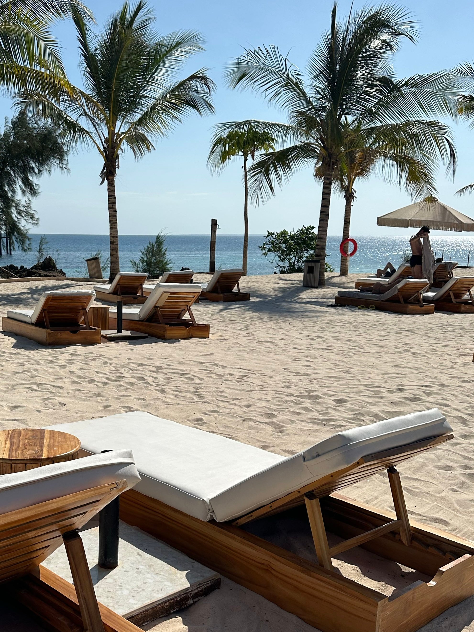 Bilder einer luxuriösen Strandanlage bei Aldiana mit Liegen, Palmen und Sonnenschirm