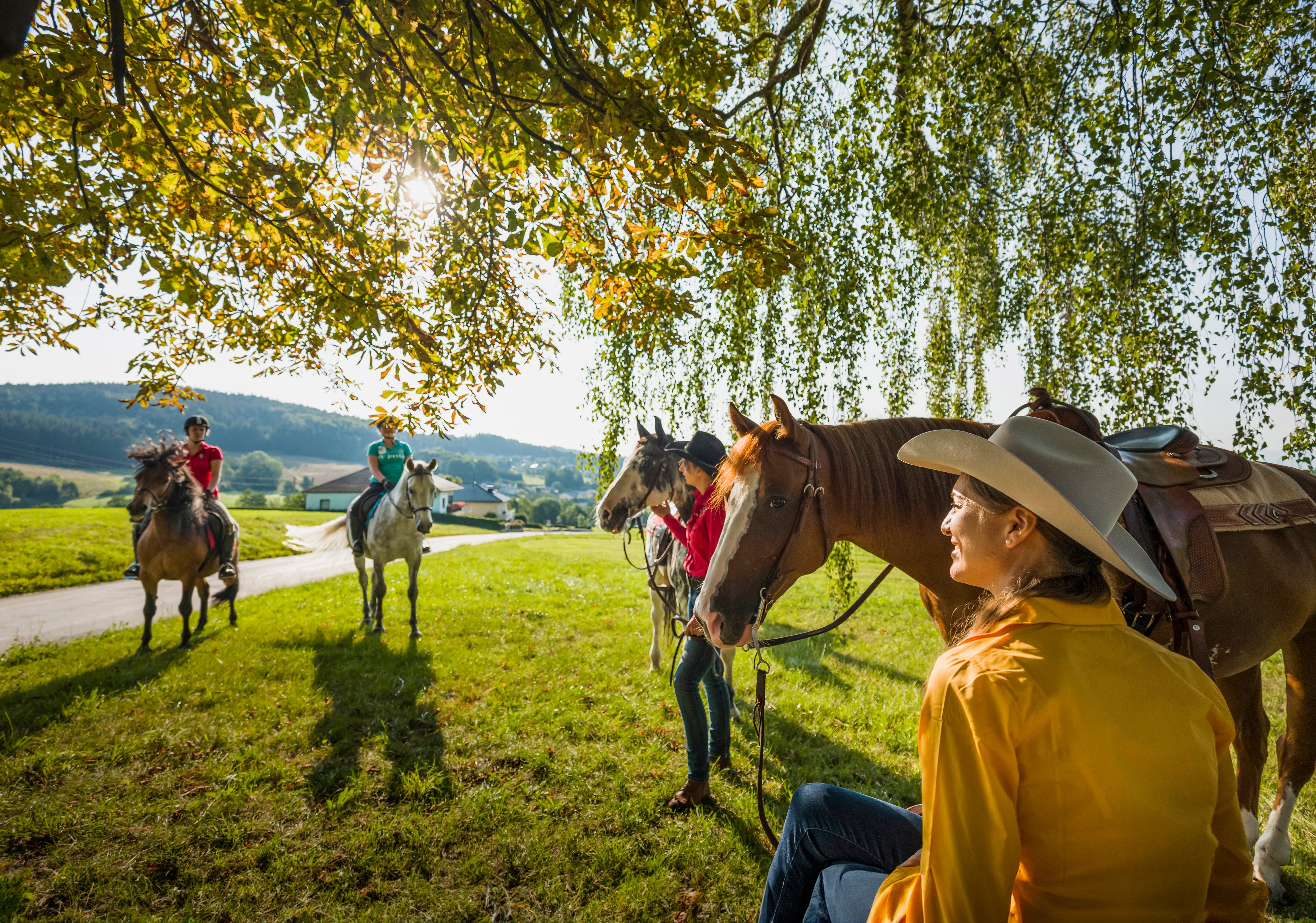Menschen beim Ausritt im Grünen, genießen einen sonnigen Tag im Premium Cluburlaub