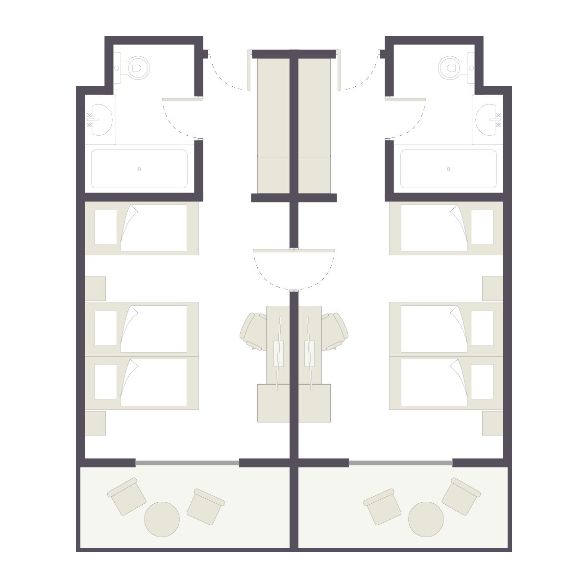 Grundriss eines Premium Cluburlaubs bei Aldiana mit Doppelzimmern und Gemeinschaftsbereichen