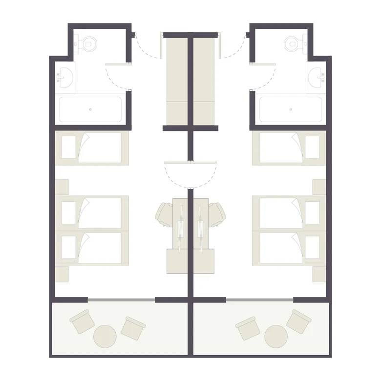 Grundriss eines Premium Cluburlaubs bei Aldiana mit Doppelzimmern und Gemeinschaftsbereichen