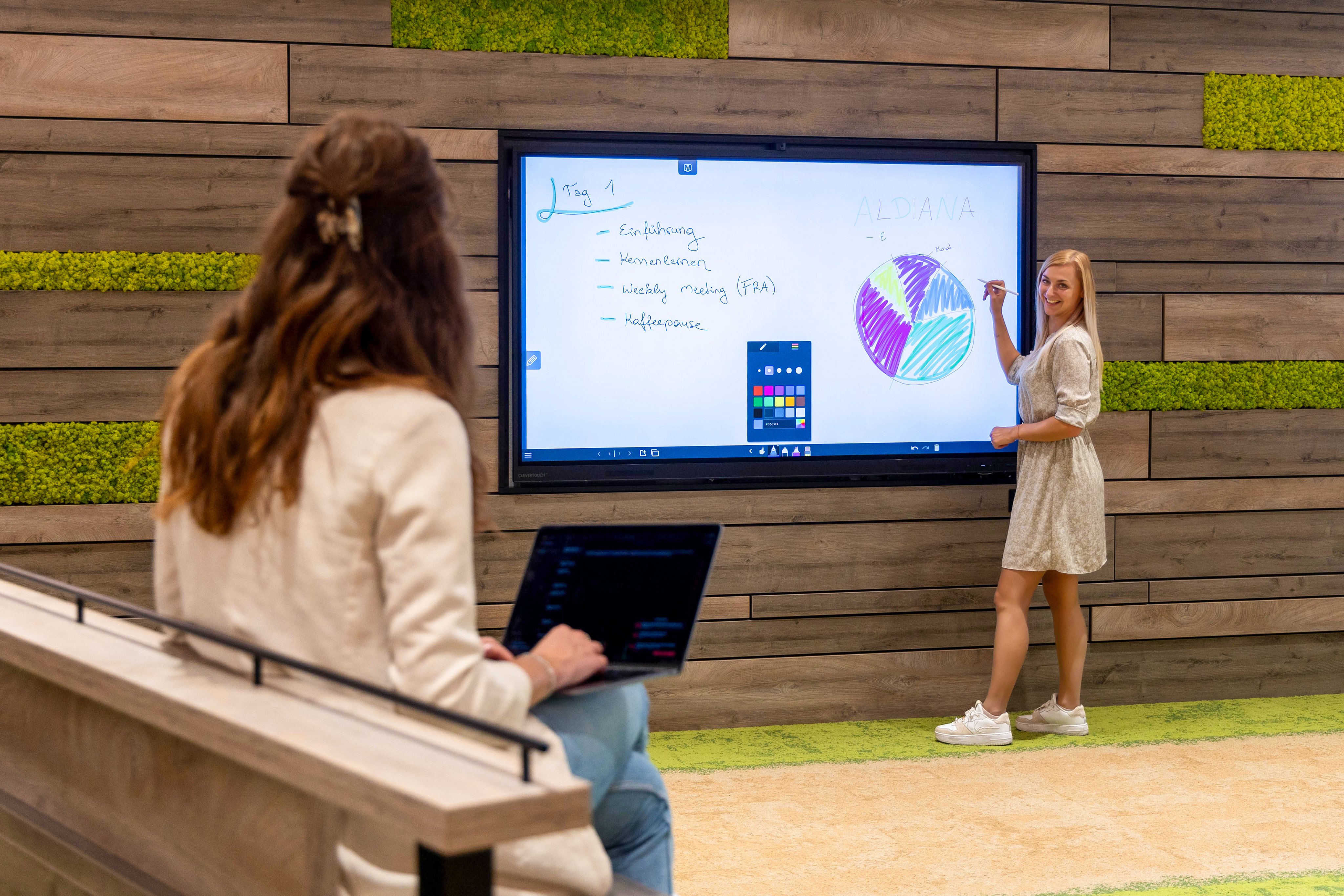 Mitarbeiterin beim Präsentieren eines Diagramms an einer Tafel in einem hochwertigen Cluburlaub Umfeld