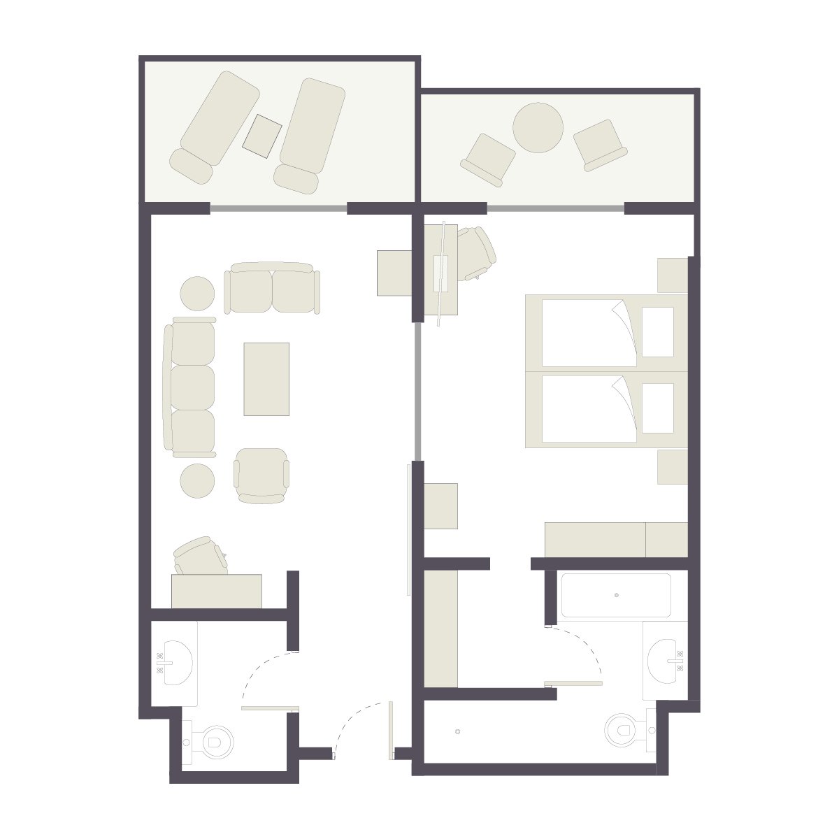 Helles Wohnzimmer im Premium Cluburlaubstil mit Sofa, Sessel und TV in der Mitte