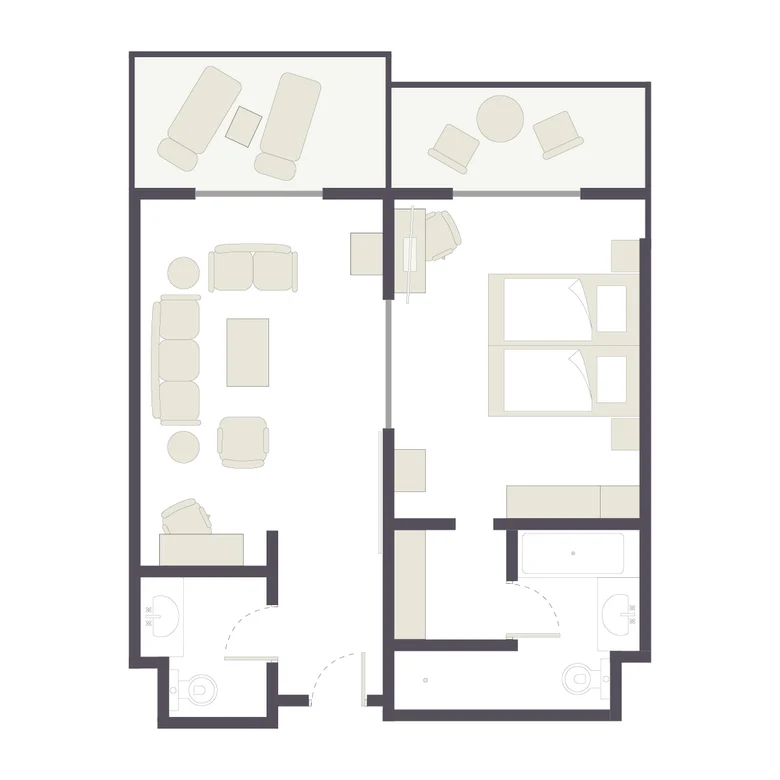 Helles Wohnzimmer im Premium Cluburlaubstil mit Sofa, Sessel und TV in der Mitte