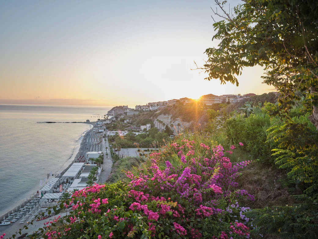 Blick auf eine Küstenstadt bei Sonnenuntergang mit blühenden Pflanzen im Vordergrund