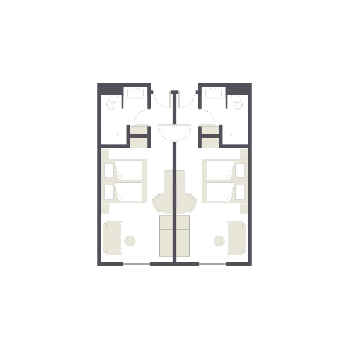 Grundriss eines Hotelzimmers mit zwei getrennten Doppelliegen und Bad, elegantes Design