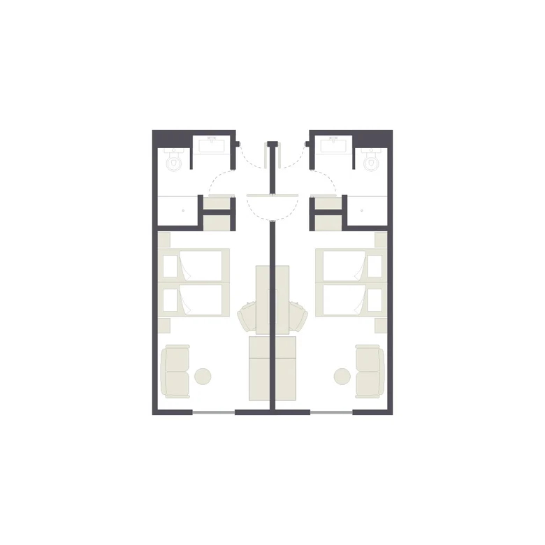 Grundriss eines Hotelzimmers mit zwei getrennten Doppelliegen und Bad, elegantes Design