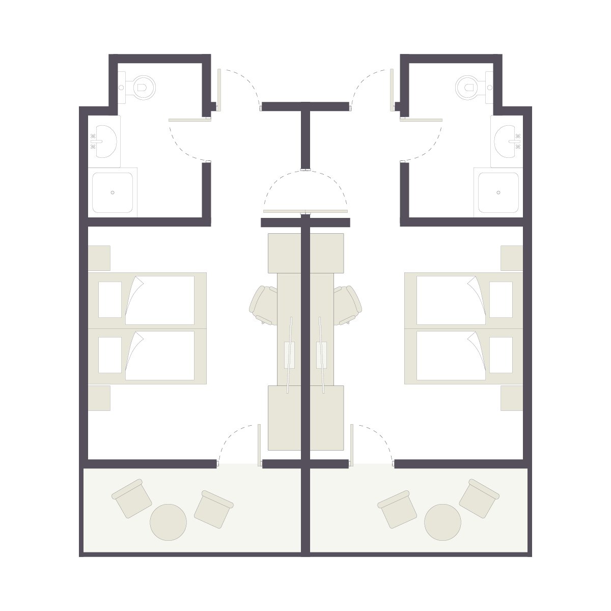 Grundriss einer Doppelzimmer-Suite im Aldiana Premium Cluburlaub, mit Schlafzimmern und Terrasse