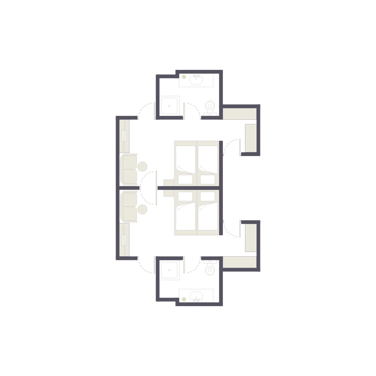 Das Bild zeigt eine Grundrissskizze eines Zwei-Zimmer-Appartements bei Aldiana.