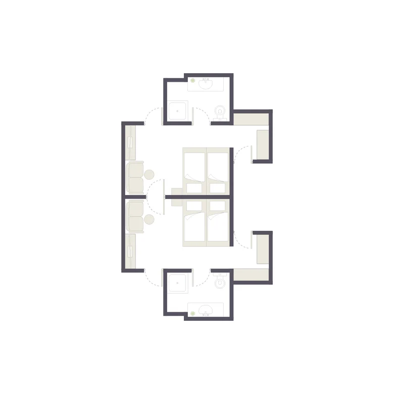 Das Bild zeigt eine Grundrissskizze eines Zwei-Zimmer-Appartements bei Aldiana.