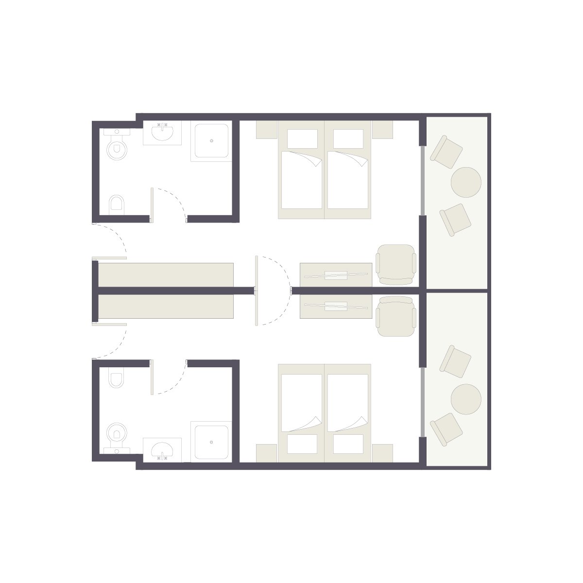 Grundriss eines Apartments im Aldiana Premium Cluburlaub, inklusive Schlafzimmer, Badezimmer und Balkon