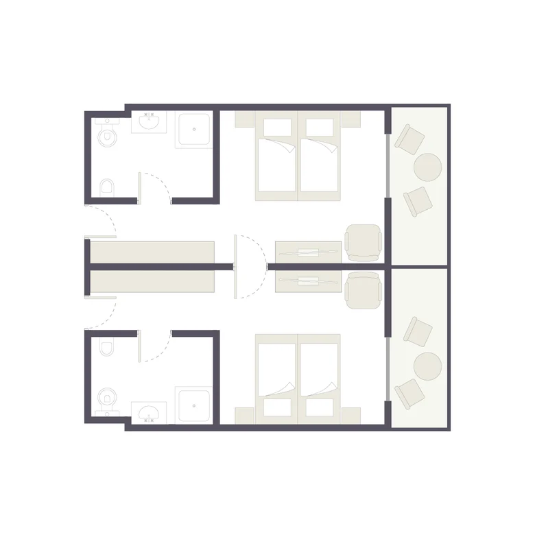 Grundriss eines Apartments im Aldiana Premium Cluburlaub, inklusive Schlafzimmer, Badezimmer und Balkon