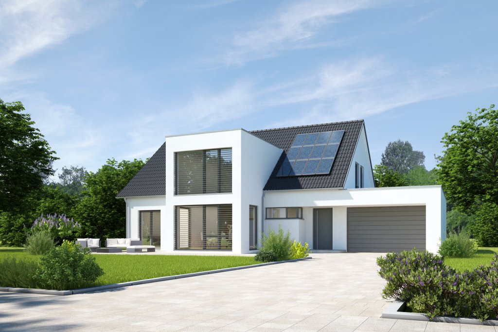 3D-Rendering eines modernen Hauses mit kubischem Anbau und Garage.