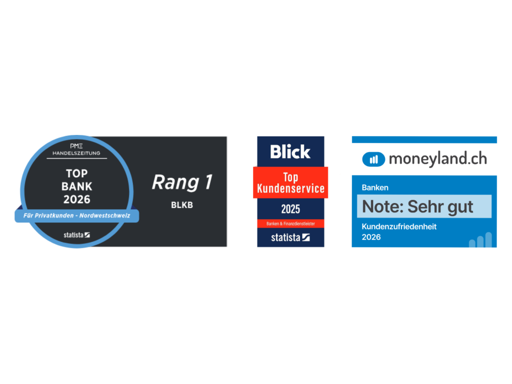 Drei Auszeichnungen der BLKB: Rang 1 als Top Bank 2026 von PME Handelszeitung, Top Kundenservice 2025 von Blick und mit Note 'Sehr gut' von moneyland.ch.