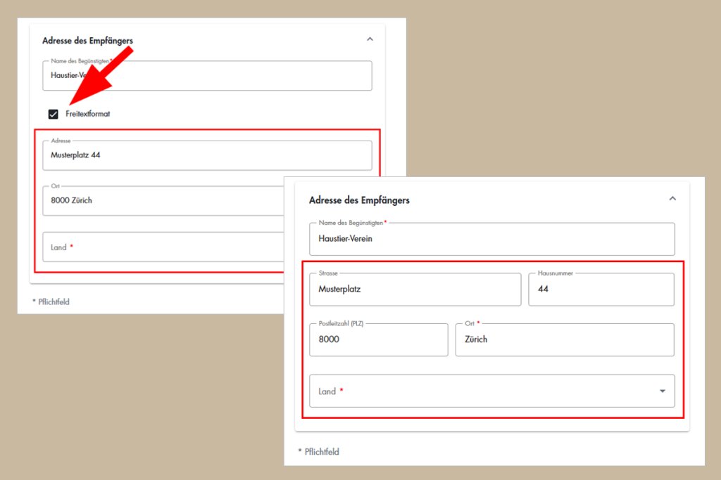 Zwei Formularbilder der Basellandschaftlichen Kantonalbank, mit Adressfeldern und Eingabeboxen