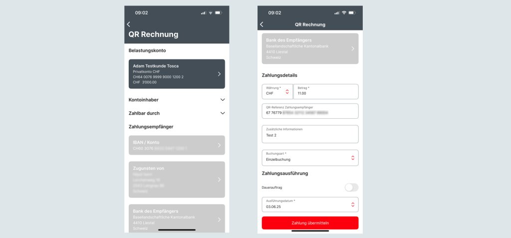 Screenshots der BLKB QR Rechnungs-App mit Zahlungsdetails und Übersicht.