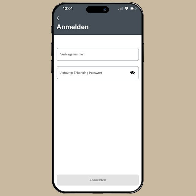 Mobiler Login Bildschirm der Basellandschaftlichen Kantonalbank (BLKB) mit Vertragsnummer und E-Banking Passwort