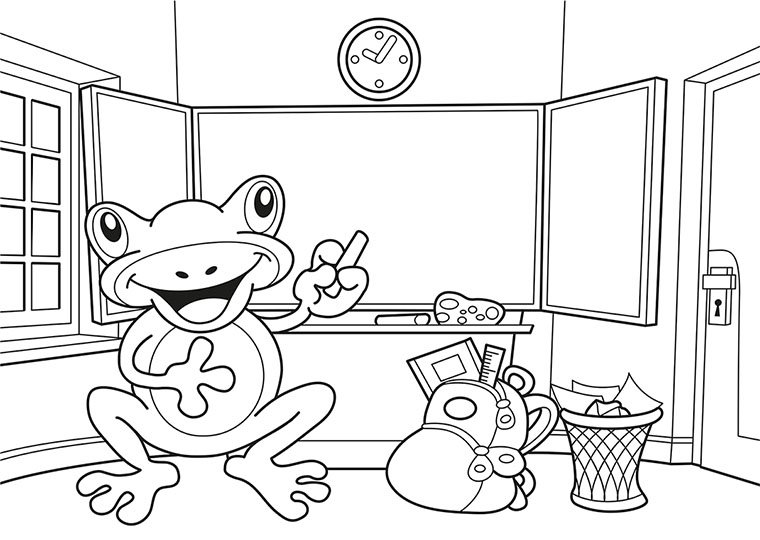 Eine Ausmalkarte von einem Frosch mit Rucksack, Tafel und Mülleimer im Zimmer.