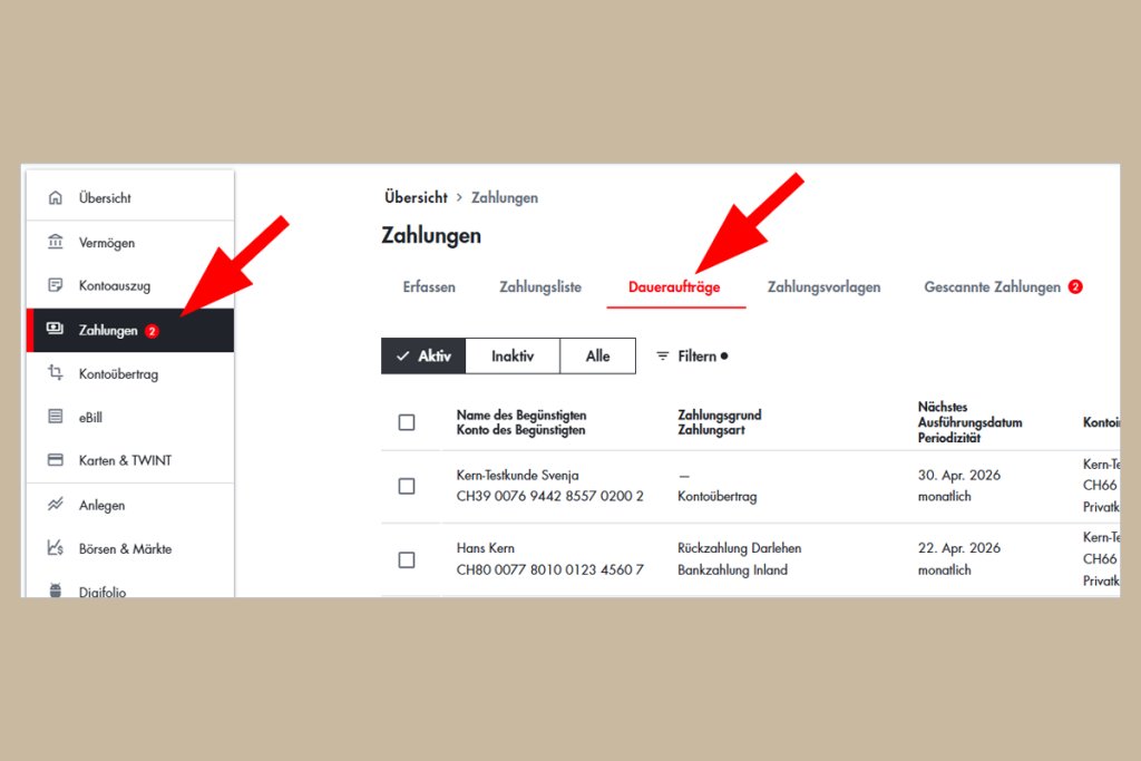 Screenshot des Online-Bankings der BLKB mit Übersicht der Zahlungen und ausstehenden Daueraufträge