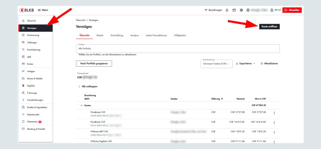 Benutzerkontoverwaltung bei Basellandschaftliche Kantonalbank BluKB online Plattform.