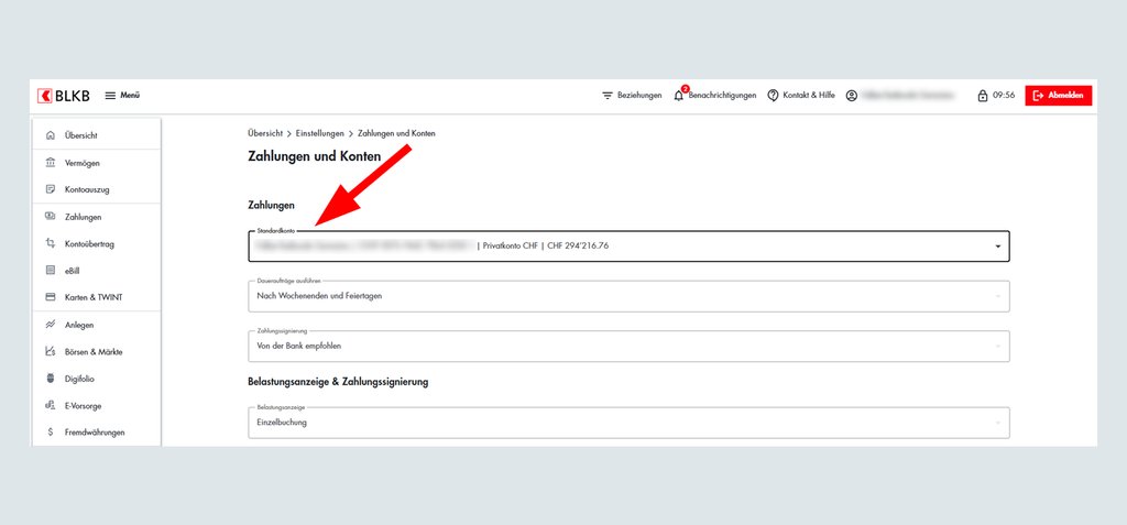 Screenshot der BLKB Online-Banking Seite mit Kontonummern und Zahlungsdetails