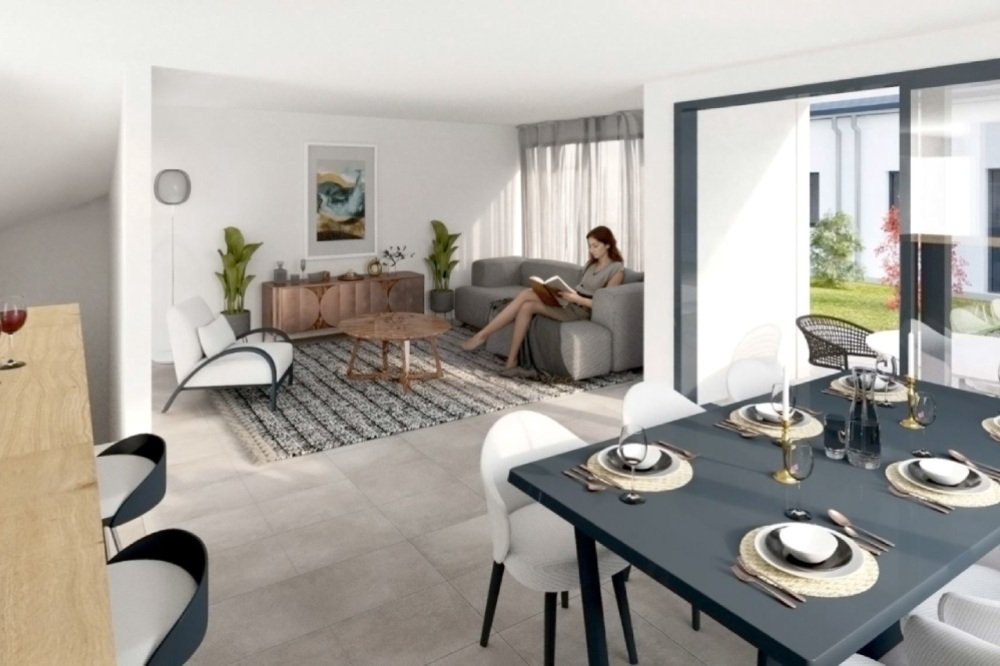Wohnzimmer mit Balkon und Esstisch des Doppeleinfamilienhauses am Büneweg 8, 4114 Hofstetten-Flüh.