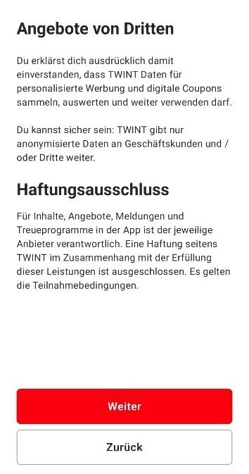 Bildschirm mit der Information von Drittangeboten und Haftungsausschluss.