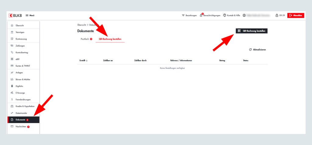 Screenshot des BLKB Onlinebanking Bereichs mit Dokumentenübersicht und Navigationsmenü.