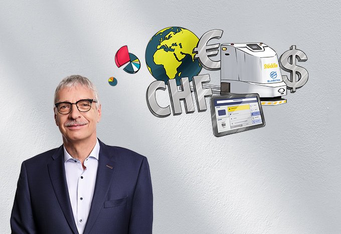 Porträt von Unternehmer Urs Grütter mit seinen Gedanken als Grafik dargestellt.