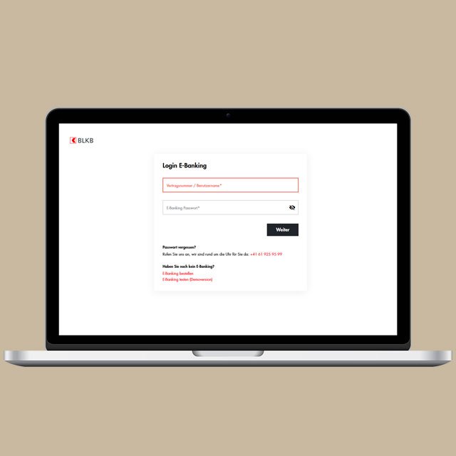 Loginscreen des E-Bankings mit Aufforderung zur Angabe der Vertragsnummer oder des Benutzernamens und des Passworts.