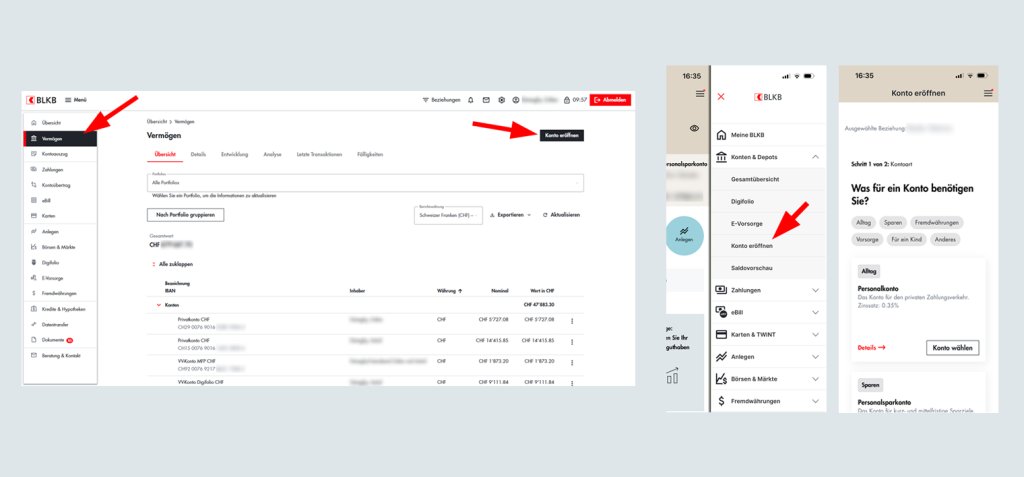 Screenshots der Webseite der Basellandschaftliche Kantonalbank (BLKB) mit Menübalken, Suchfunktion und Kontoübersicht