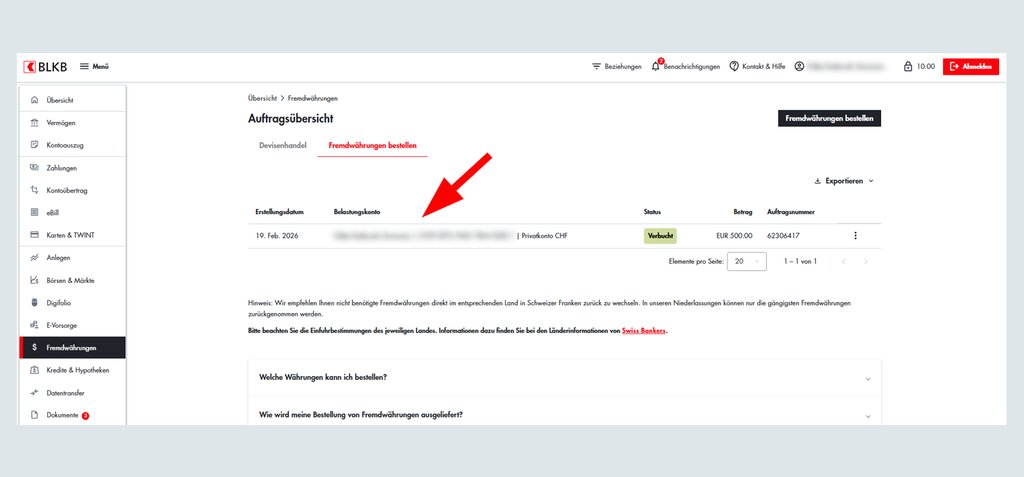 Screenshot der BLKB Online Plattform mit Auftragsübersicht und Menüleiste